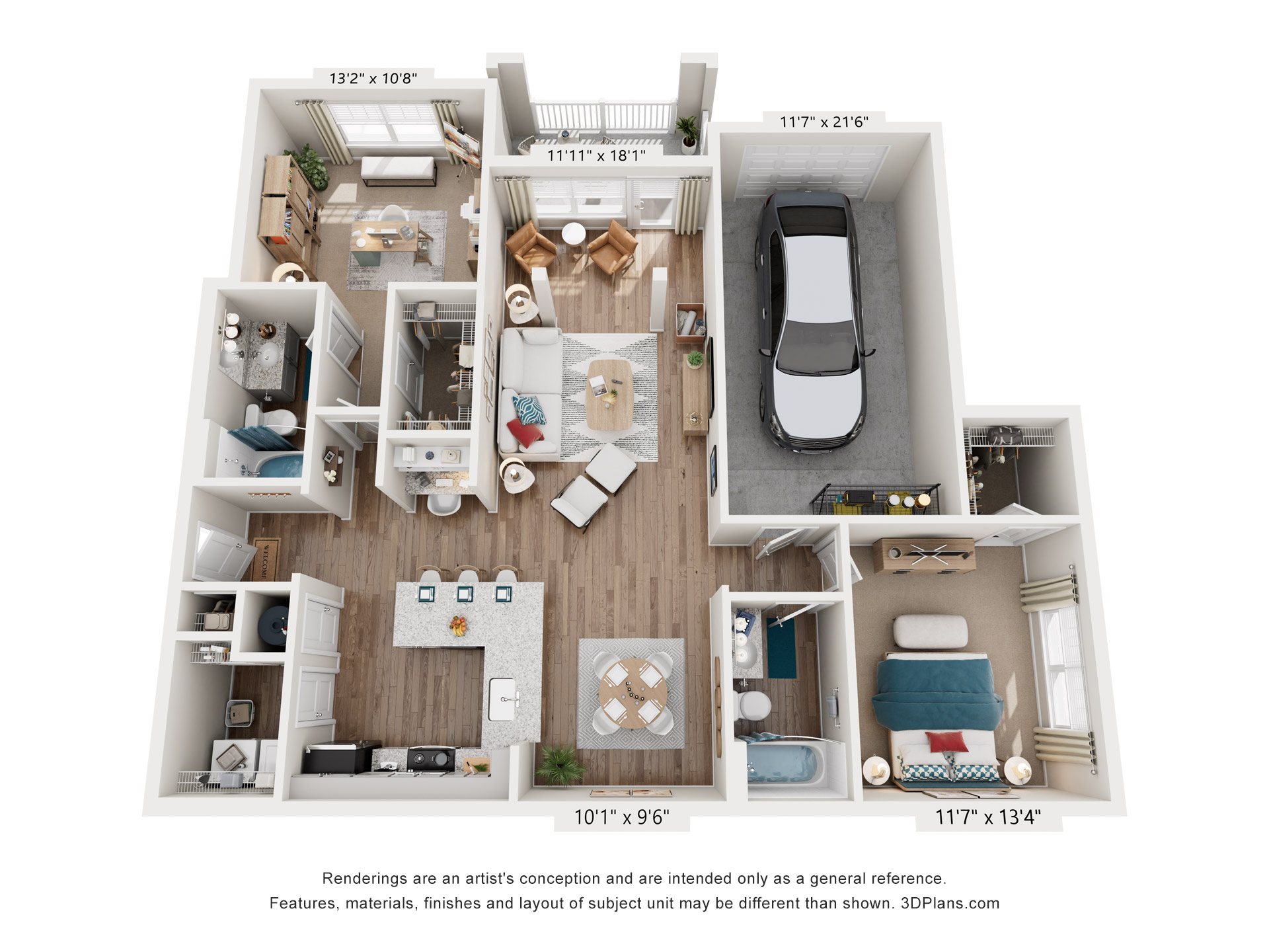 Floor plan for 2 beds, 2 baths, 1341 sqft